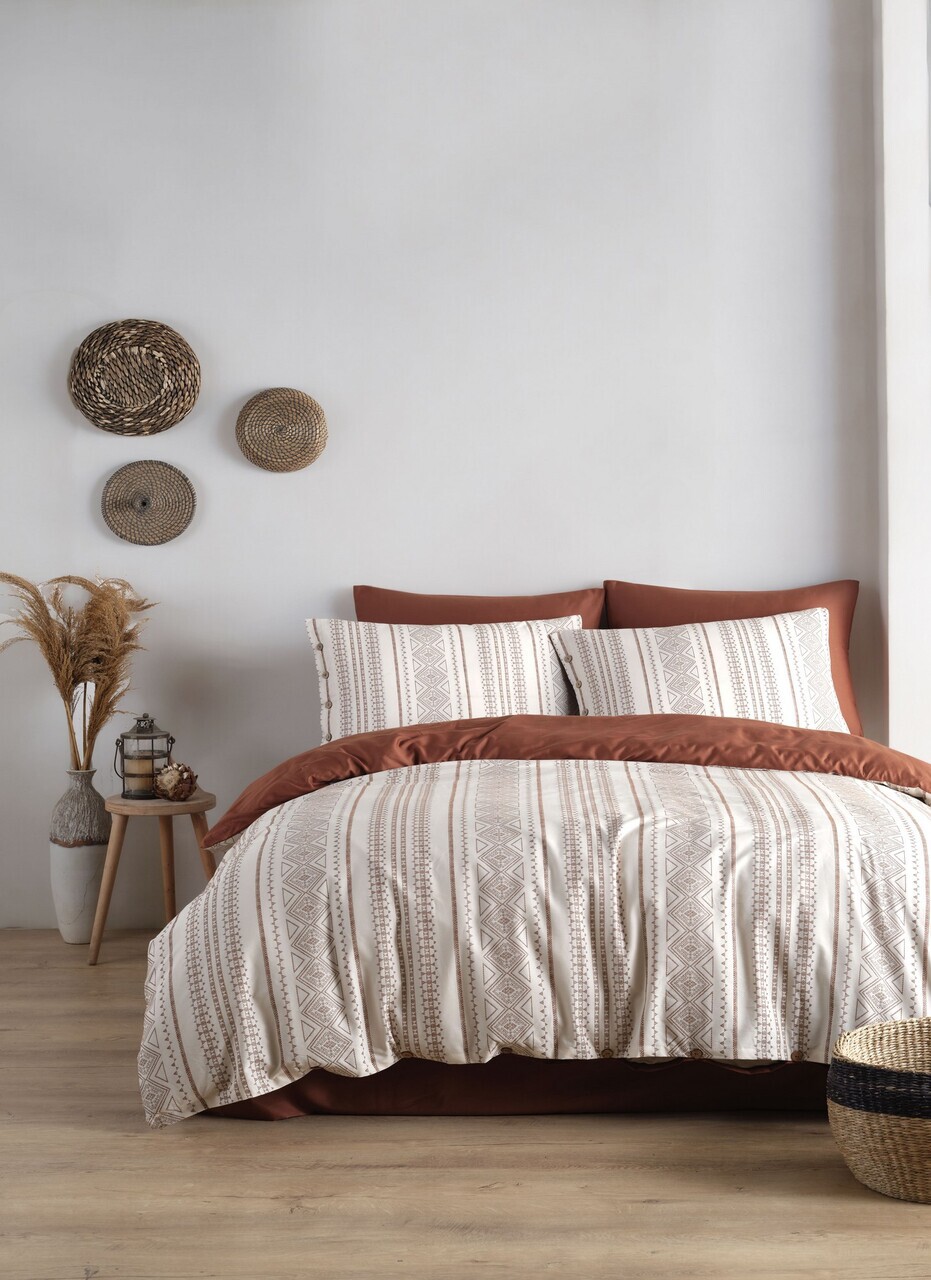 Lenjerie de pat dubla, L'essentiel Maison, Coastal Trio, Bumbac Satinat, Teracotă / Crem - imagine 3